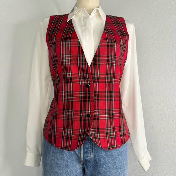 Vintage Red Tartan Plaid Faux Vest Blouse White Collared Waist Tie Size Small - Picture 1 of 13